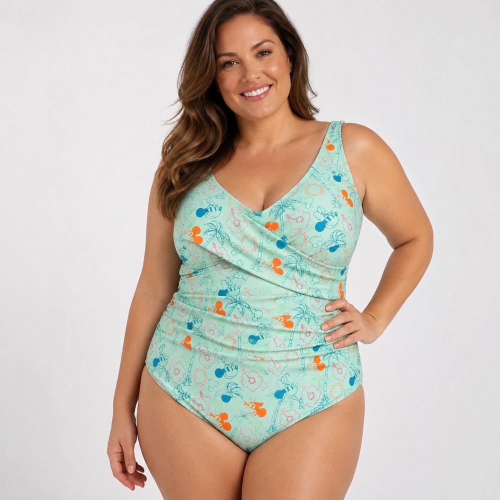 Disney Swimsuit Women XL Aqua Mickey Minnie Tropical Palm Twist Front One Piece